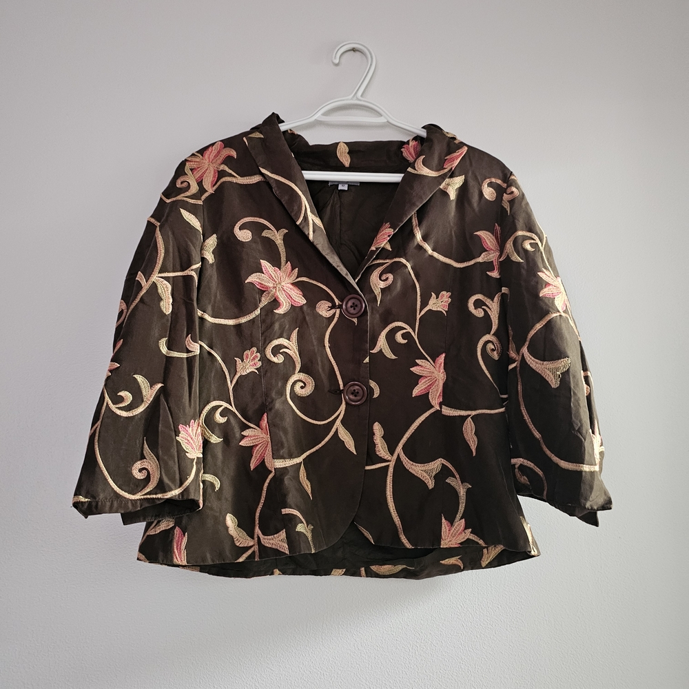 Elegant Brown Floral Women's Shacket Boho Cottagecore Y2K Embroidered 90s Whimsy